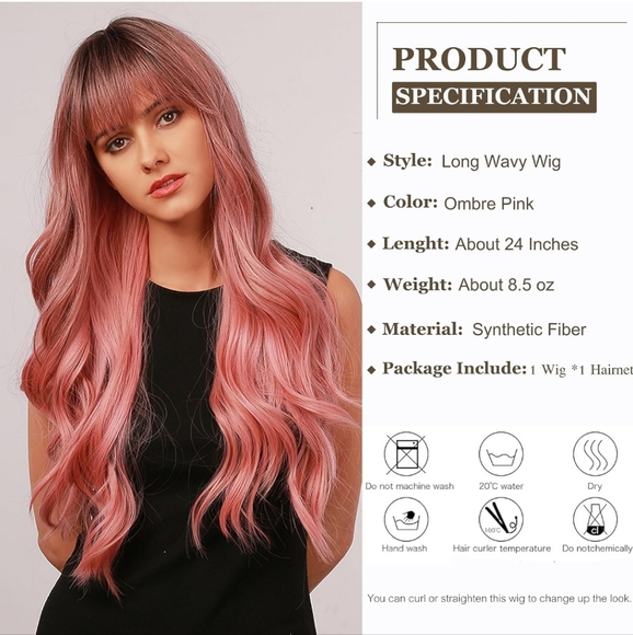 24"Women Synthetic Wigs Long Wavy Ombre Pink with Fluffy Air Bangs - Picture 2 of 5